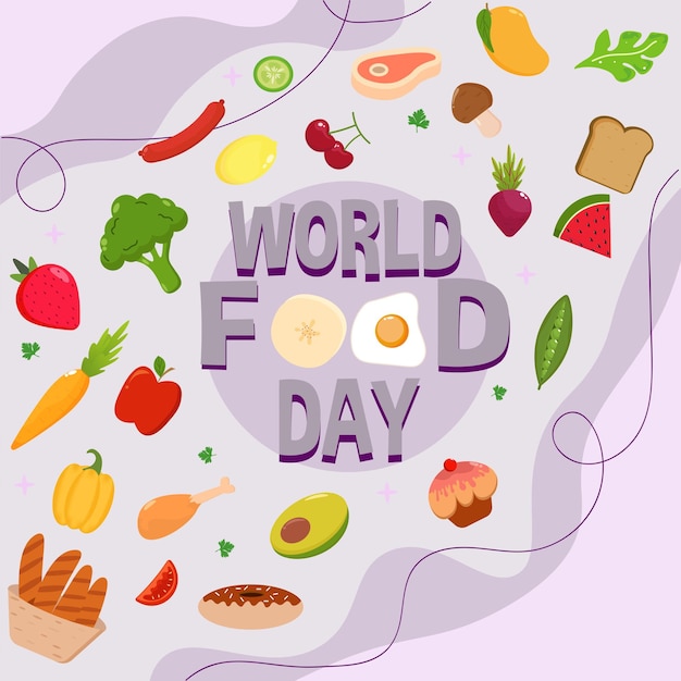 poster della giornata mondiale dell'alimentazione con diversi gruppi di alimenti su sfondo viola