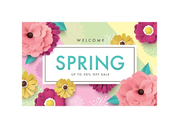 Poster della vendita di primavera con bellissimi fiori su uno sfondo colorato