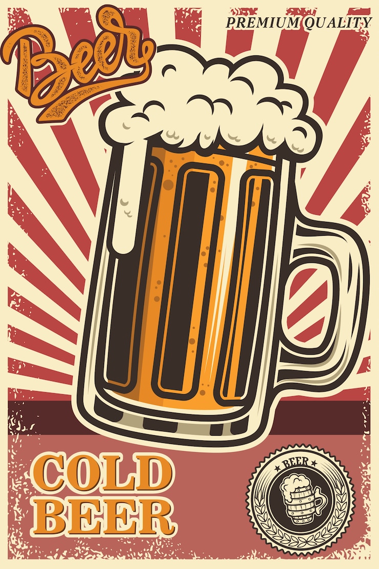 Vettore poster di birra in stile retrò. oggetti di birra su sfondo grunge. elemento per carta, flyer, banner, stampa, menu. illustrazione