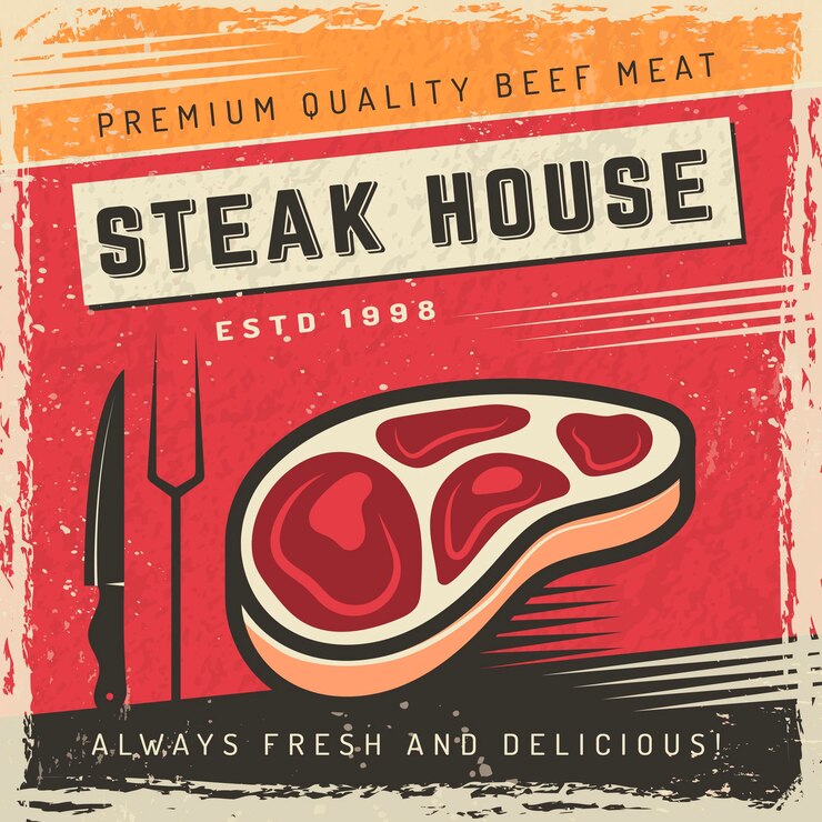 Vettore poster di carne cartello steakhouse con posto per il testo poster ristorante invito barbecue party recenti modelli vettoriali illustrazione del poster del ristorante steak barbecue