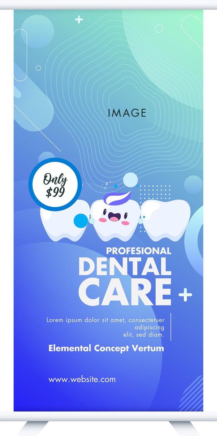 Vettore poster di cliniche dentistiche con icone piatte su sfondo blu e bianco illustrazione vettoriale