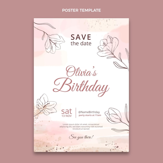 Poster di compleanno disegnato a mano dell'acquerello
