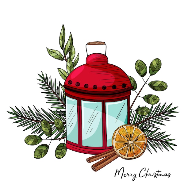 Poster di decorazioni colorate di Natale e Capodanno.Aghi, un ramoscello di albero, bacche, arancia, limone, cannella, l