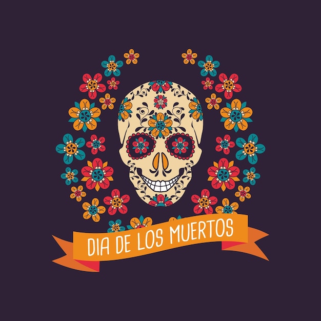 Poster di Dia de Los Muertos con cranio e fiori su uno sfondo scuro Giorno dei Morti messicano