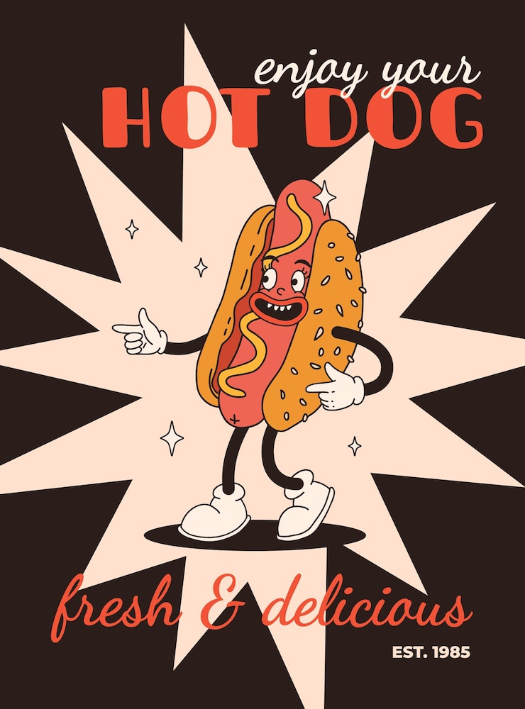 Vettore poster di fast food cartone animato cartoline retrò groovy con personaggi mascotte del cibo design di brochure con testo di citazione per il caffè banner con hamburger groovy funky patatine fritte soda gelato consegna fast food