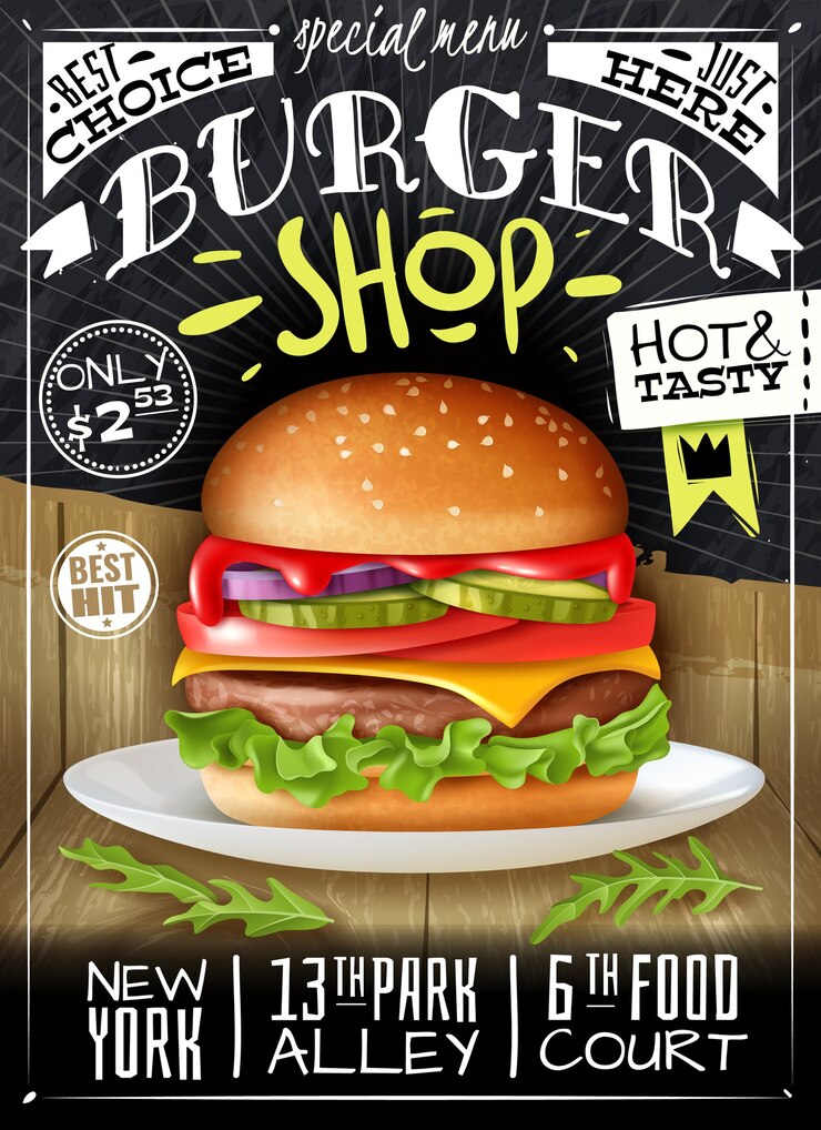 Poster di hamburger fast food sulla superficie combinata in legno