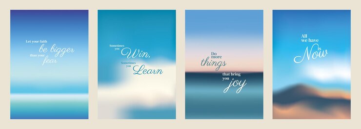 Poster di ispirazione con citazioni motivazionali Sfondi sfocati in toni blu Parole come 39fear39 39win39 39learn39 39joy39 e 39now39 spiccano i vettori del modello di poster di citazioni motivazionali
