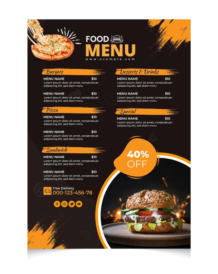 Vettore poster di menu ristorante con modello di stampa di cibo