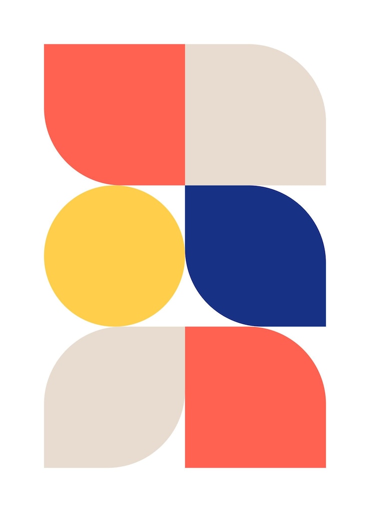 Vettore poster di modelli bauhaus di tendenza vector forme di colori geometrici in colori blu beige giallo e rosso