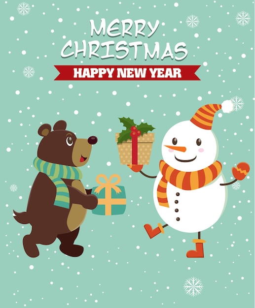 Poster di Natale vintage con pupazzo di neve e orso