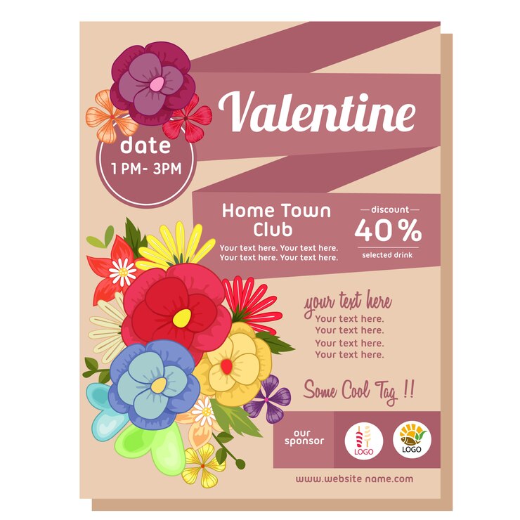Vettore poster di san valentino stile piatto con tema floreale