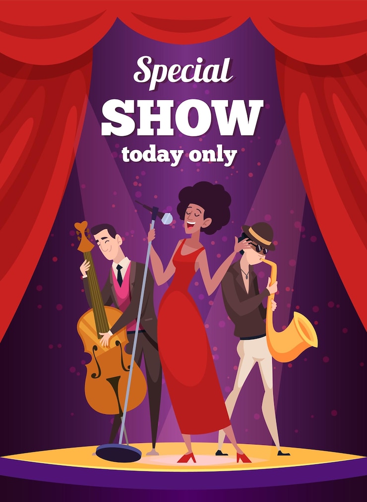 Vettore poster di spettacolo musicale invito per spettacolo notturno cantante e musica e personaggi in stile cartone animato di club musicale poster di spettacolo e festa notturno evento illustrazione vettoriale