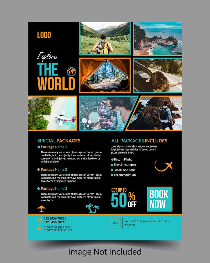 Vettore poster di viaggio o opuscolo di volantino spazio di layout per lo sfondo fotografico arancione viaggi