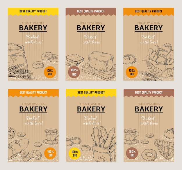 Poster disegnati a mano da forno. Modello di progettazione menu pane vintage