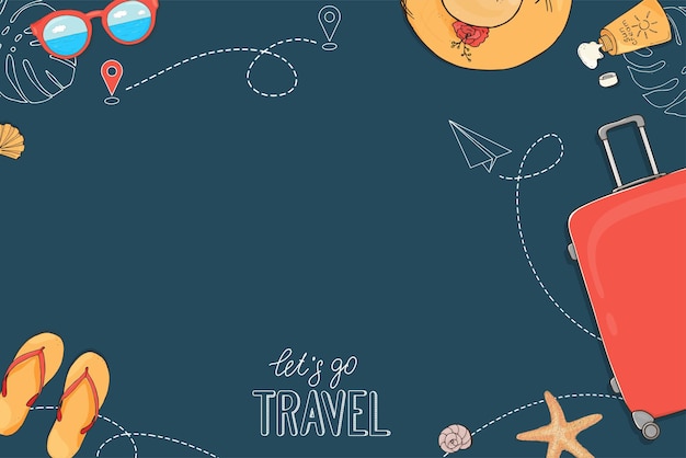 Poster disegnato a mano sul tema della ricreazione e dell'avventura dei viaggi estivi e un posto per il tuo testo