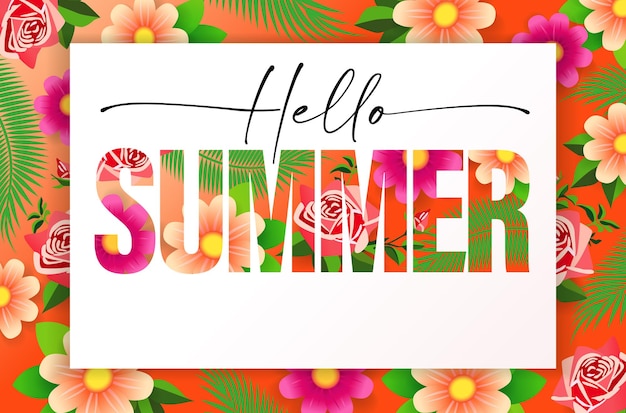 Poster floreale Hello Summer Tipografia creativa Sfondo luminoso