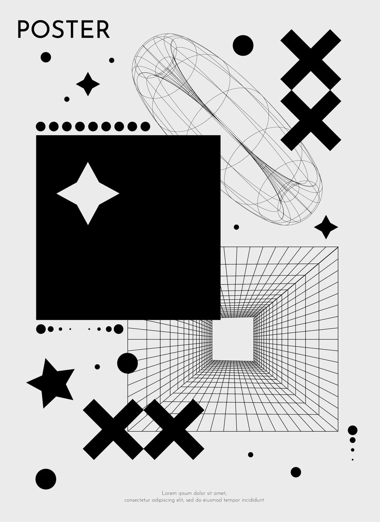 Vettore poster futuristici retro vettoriali minimalisti con strani wireframes asset grafici di geometria