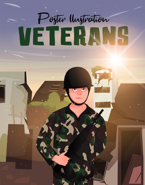 Poster illustrativo di veterani con lo sfondo di un edificio distrutto