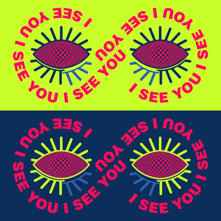 Vettore poster luminosi ti vedo con gli occhi e il segno dell'infinito colori luminosi al neon forme geometriche