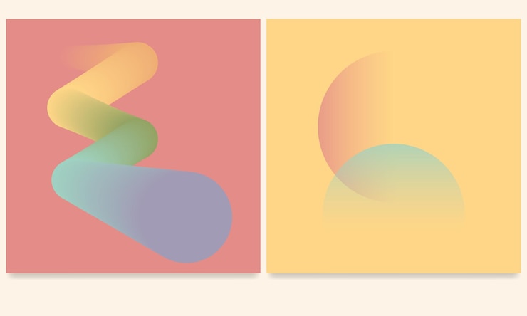Vettore poster minimalista con una spirale a gradiente arcobaleno pastello su uno sfondo corallino