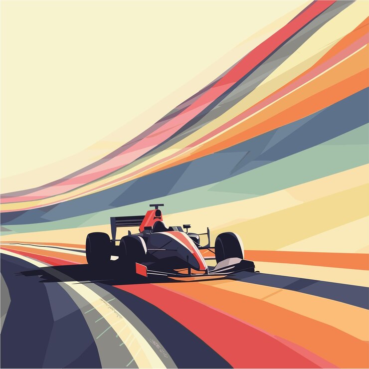 Vettore poster minimalista di una macchina di formula 1 in piena velocità in pista