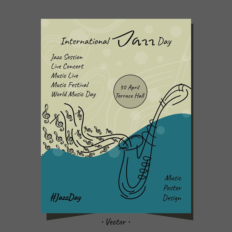 Poster musicale giornata internazionale del jazz giornata mondiale della musica con sassofono linea arte tipografia design