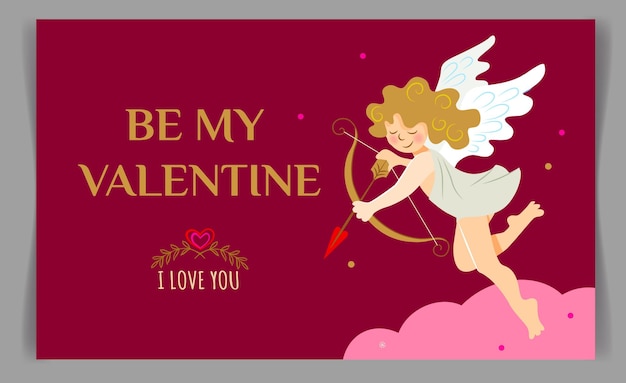 Poster o carta di San Valentino con cupido carino e nuvola rosa su sfondo rosso scuro