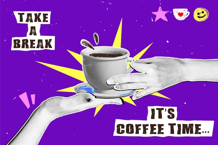 Vettore poster orizzontale di benvenuto a tema caffè in stile collage retro con scarabocchi a matita a consistenza granulata