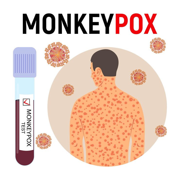 Vettore poster pandemico del vaiolo delle scimmie provetta per il test dell'uomo del vaiolo con sangue con un test positivo e cellule virali
