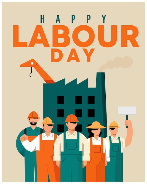Poster per la celebrazione della Festa del Lavoro con illustrazioni di lavoratori e fabbriche