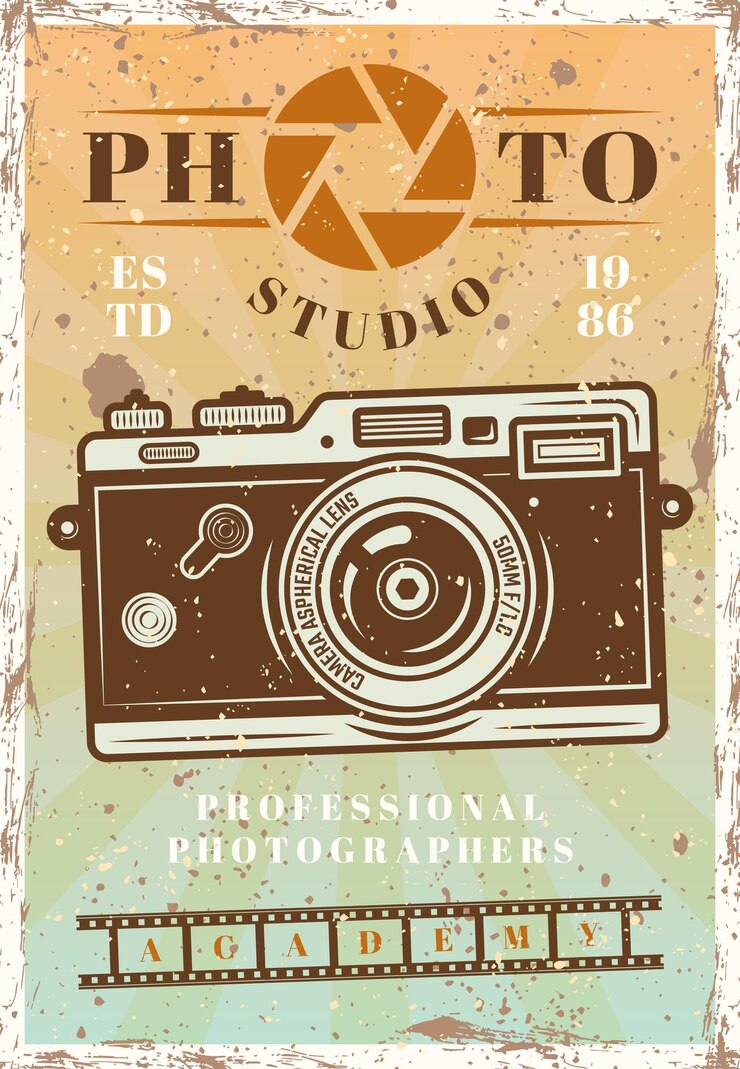 Poster pubblicitario di studio fotografico con illustrazione vettoriale di fotocamera retrò. Texture e testo grunge separati a strati