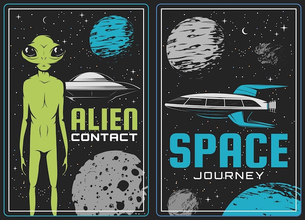 Poster retrò con carte vettoriali aliene e ufo