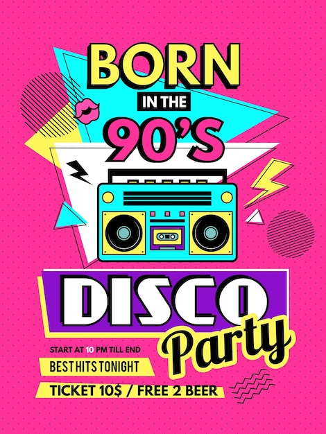 Poster retrò stile anni '80 cartellone invito a una festa anni '90 elementi musicali radio boombox modello vettoriale recente per progetti di design