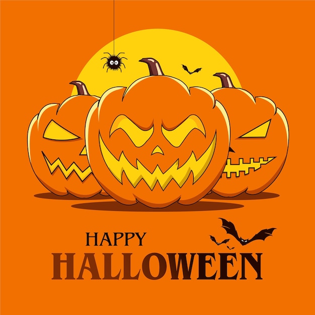 Poster spaventoso di Halloween Banner con pipistrello zucca arancione e illustrazione vettoriale ragno