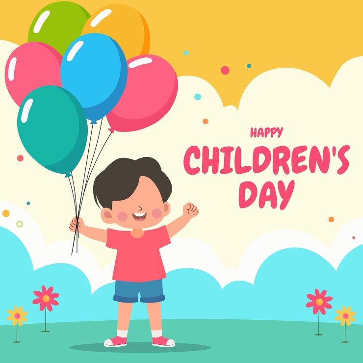Poster sullo sfondo di un bambino che tiene diversi palloncini colorati