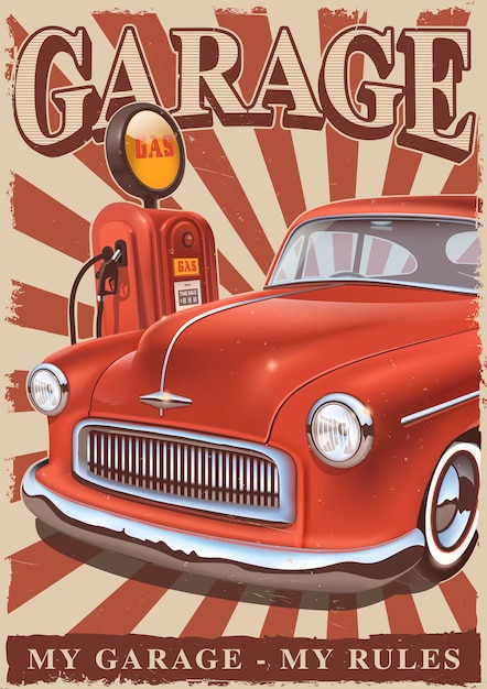 Poster vintage con classica auto americana e vecchia pompa di benzina. Segno di metallo retrò.