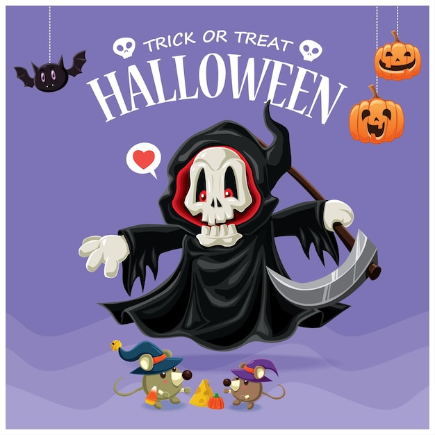 Poster vintage di Halloween con carattere vettoriale mietitore