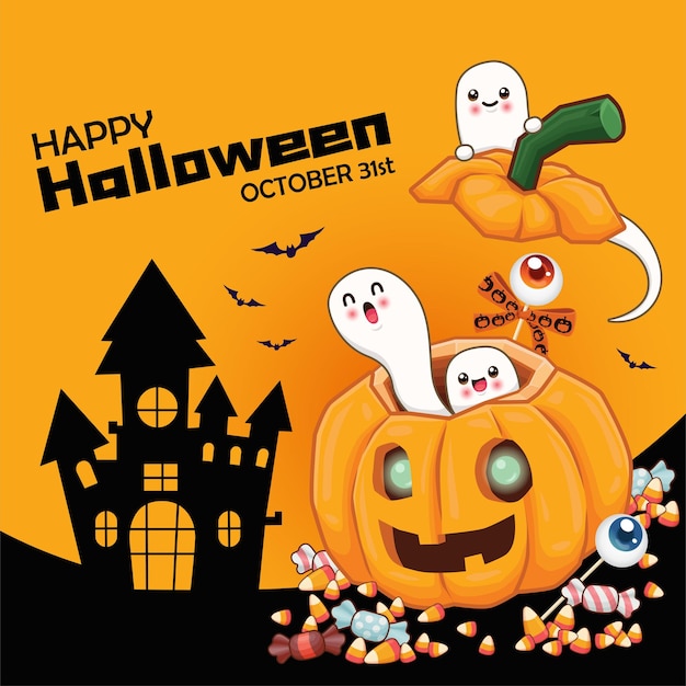 Poster vintage di Halloween con fantasma vettoriale e personaggio jack o lantern