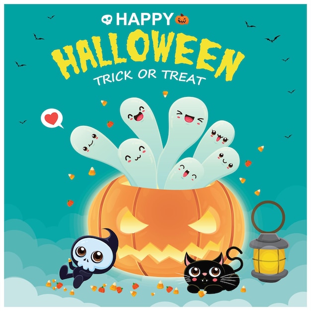 Poster vintage di Halloween con personaggio scheletro gatto fantasma vettoriale