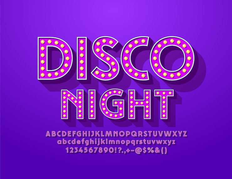 Vettore poster vintage disco night with violet light bulb font. lettere e numeri dell'alfabeto elegante lampada