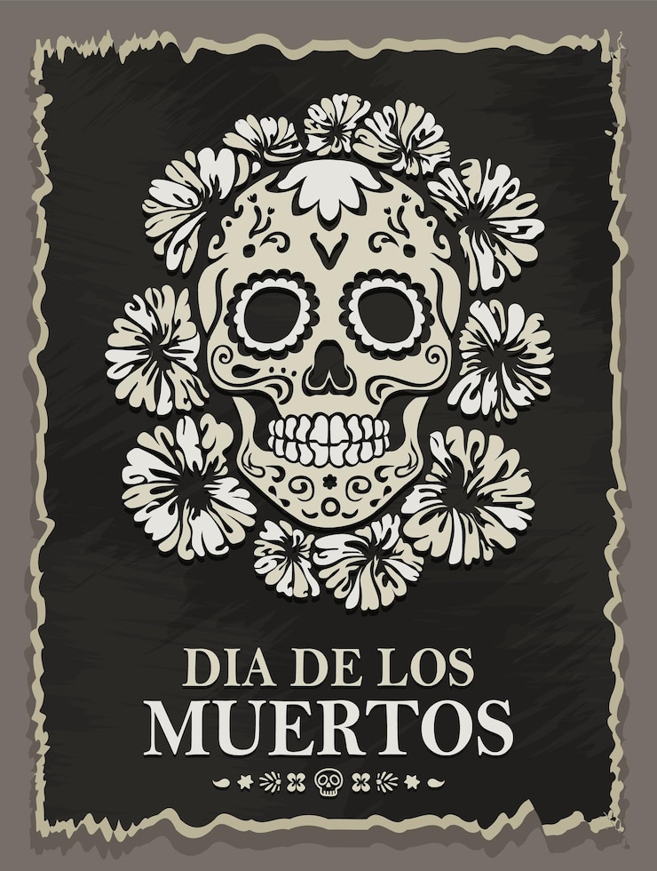 Vettore poster vintage disegnato a mano con teschio di zucchero decorato calavera e fiori di marigold su carta strappata