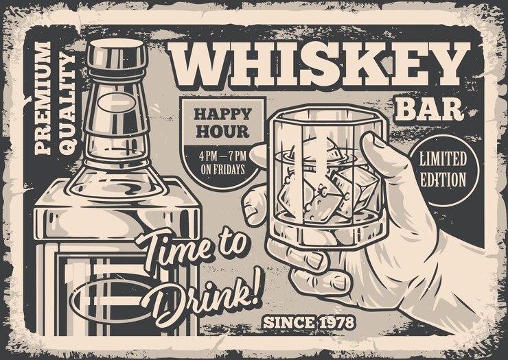 Vettore poster vintage monocromatico di un bar di whisky