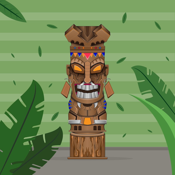 Vettore poster vintage totem tiki maschera in legno voodo colorato poster stampa