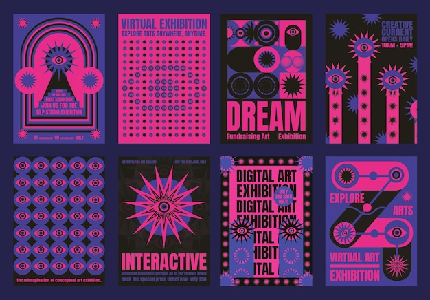 Posters di mostre di arte digitale psichedelica colorati con disegni rosa e blu audaci Temi di mostre virtuali Arte interattiva e mostre creative Vettori di modelli di poster retro psichedelici