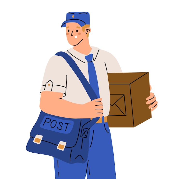 Vettore postino in uniforme con borsa e pacco in mano servizio di consegna postale personaggio di stile piatto raffigurato in piedi professione di corriere illustrazione vettoriale