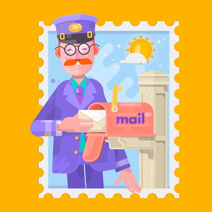 Vettore postino in uniforme viola che trasporta la posta, inserire lettere nella cassetta postale. illustrazione vettoriale piatta