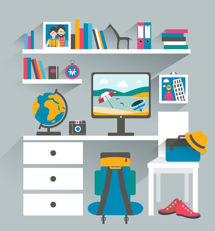 Vettore posto di lavoro in ufficio con scaffali per computer e libri ufficio viaggiatore illustrazione vettoriale di design piatto
