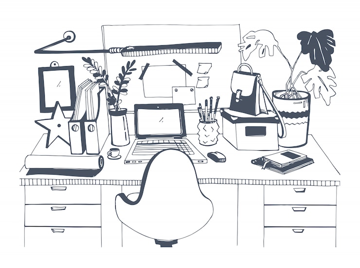 Vettore posto di lavoro moderno creativo con il computer portatile, illustrazione disegnata a mano, stile di schizzo.