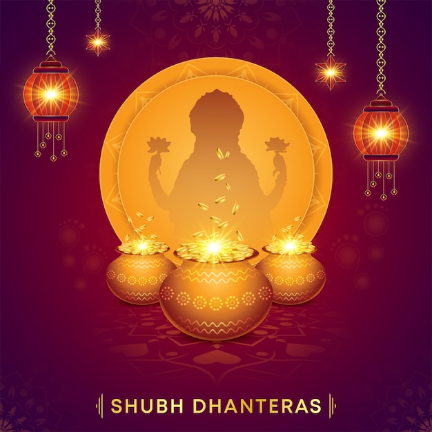 Posto di saluto del festival di Dhanteras felice con vaso di monete d'oro