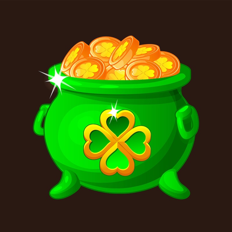 Vettore pot verde pieno di monete d'oro con segno di trifoglio simbolo tradizionale del giorno di san patrizio in stile cartone animato cauldron con icona di monete fortunate per il gioco slot adesivo di biglietto di auguri o stampa